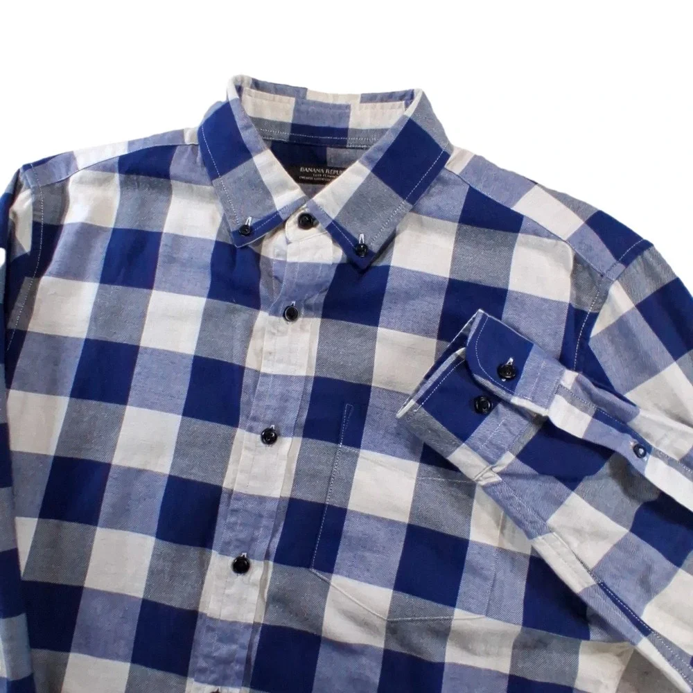 Banana Republic Flannel Shirt Mens Small Blue Buffalo Check Slim Fit Button Down